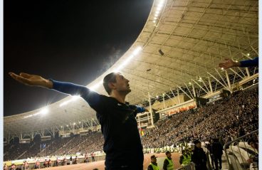 Shamil in the stadium in front of the crowd of Azerbaijani soccer fans