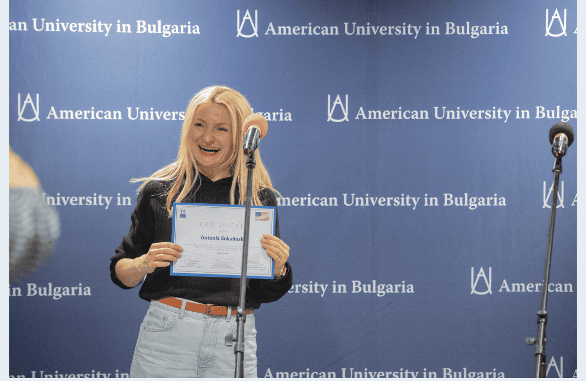 Antonia Sukalinska Receiving a Certificate at the English for Journalists Closing Party at AUBG