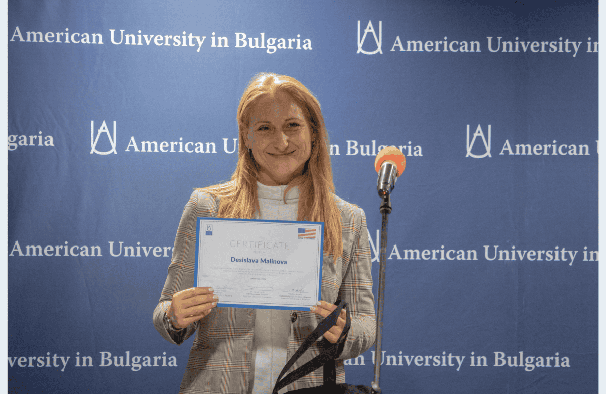 Desislava Malinova Receiving a Certificate at the English for Journalists Closing Party at AUBG