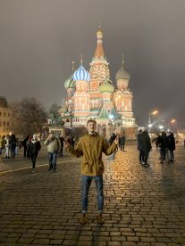 AUBG student Ben Whyman in front of the Saint Basil's Cathedral in Moscow, Russia