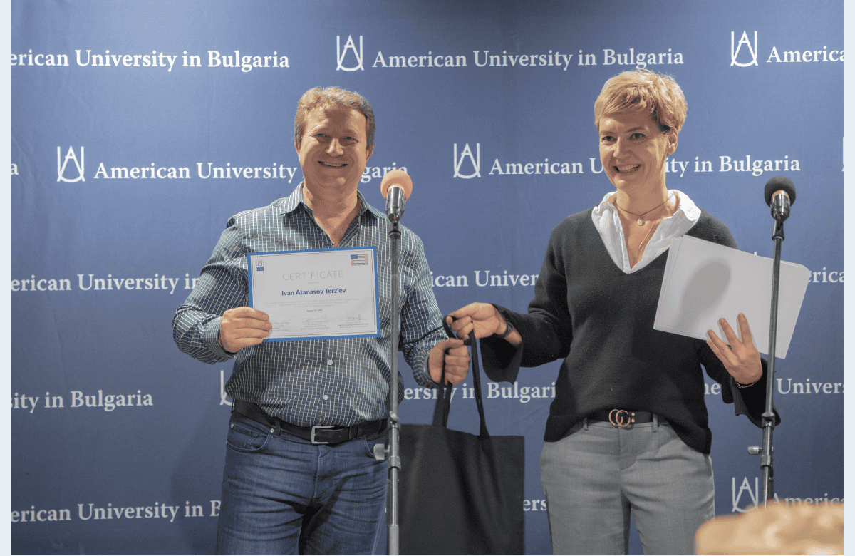 Ivan Atanasov Terziev Receiving a Certificate at the English for Journalists Closing Party at AUBG