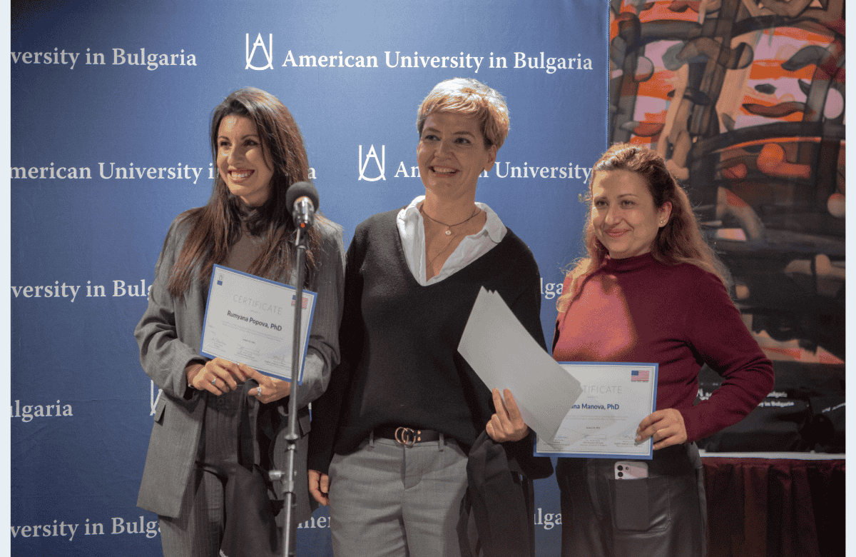 Ms. Rumyana Popova and Ms. Yana Manova Receiving Certificates at the English for Journalists Closing Party at AUBG