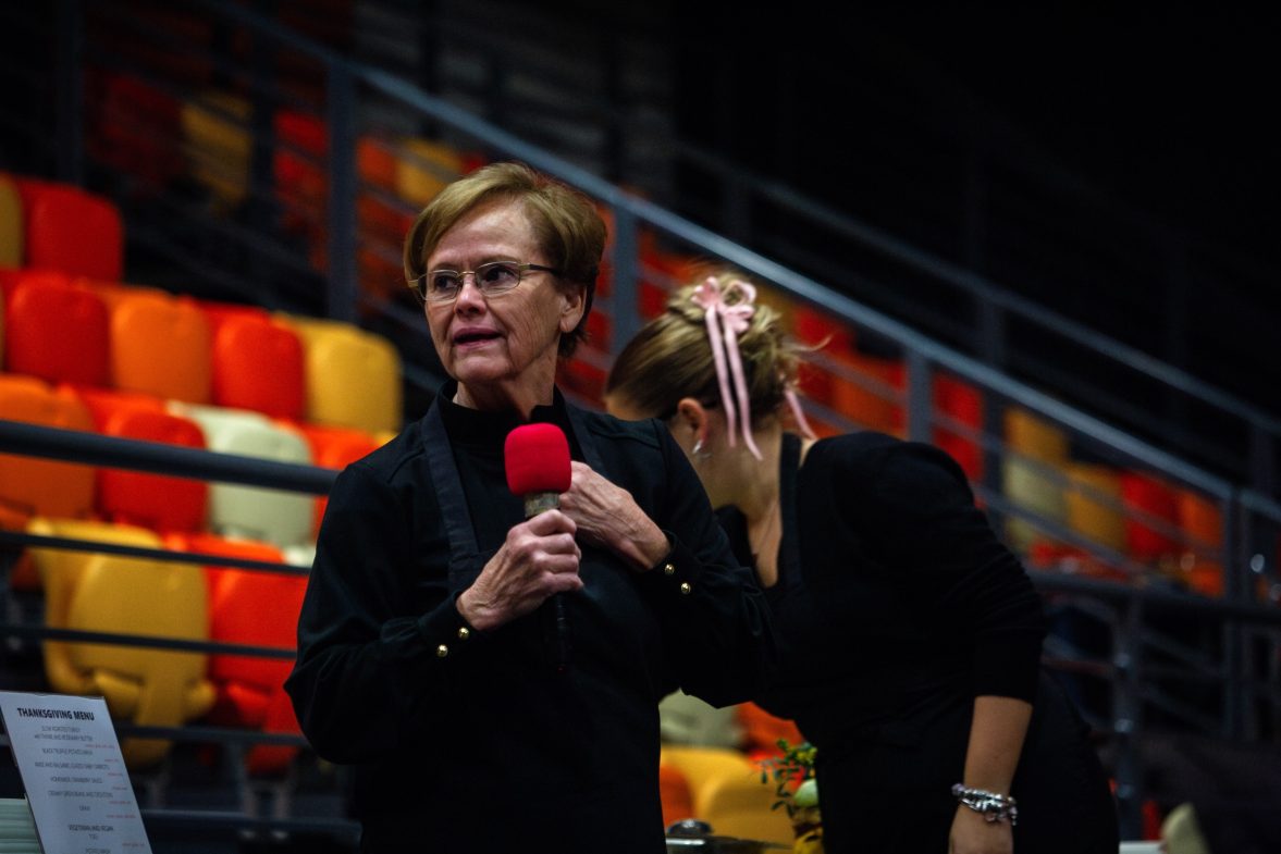AUBG President Dr. Margee Ensign giving a speech at Thanksgiving dinner